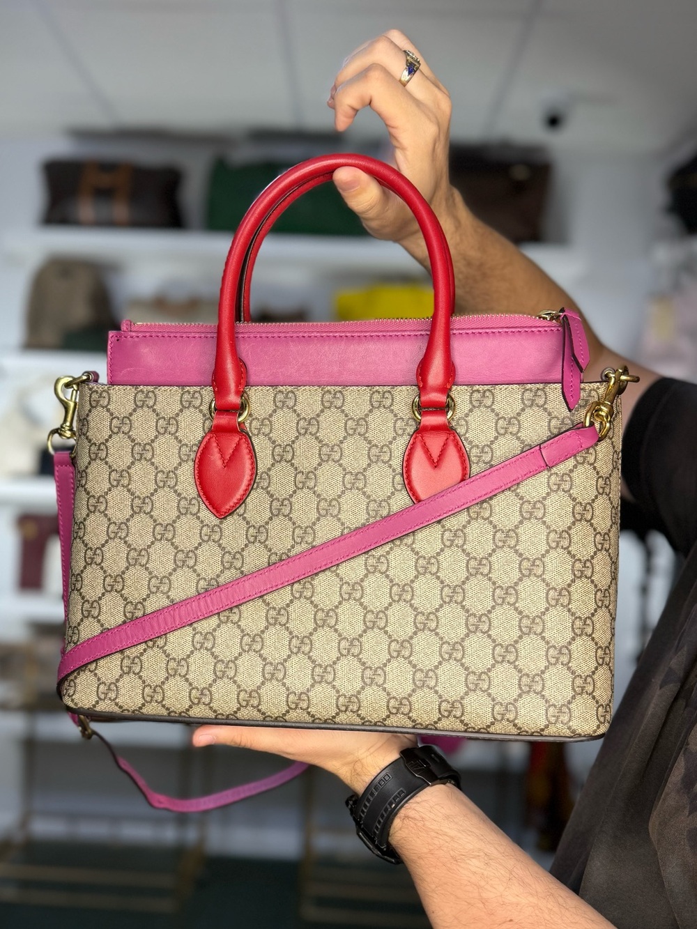 Gucci Beige GG Canvas Tote with Pink and Red Leather Accents